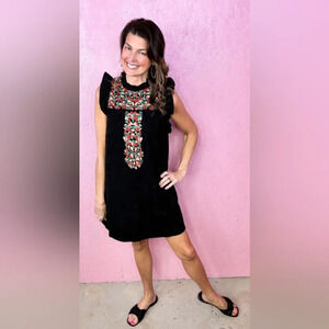 THML exclusive corduroy tunic-style dress with floral embroidery size S